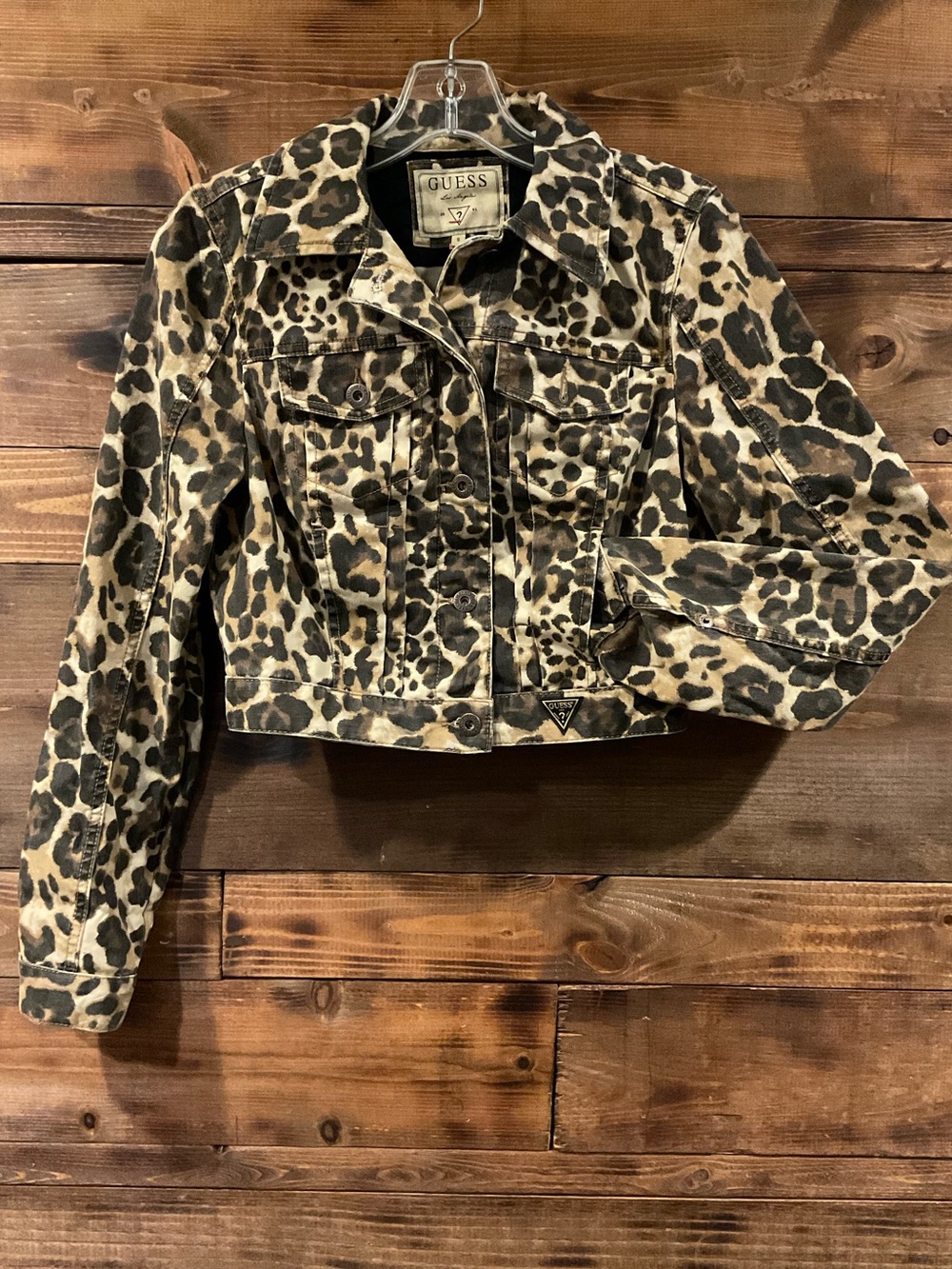 GUESS Leopard-Print Cropped Jean Jacket Juniors Small